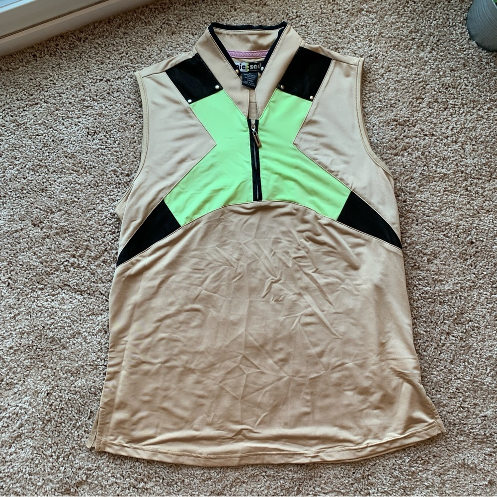 Jamie Sadock Golf Top Large Sleeveless Brown Tan Neon Green 1/4 Zip